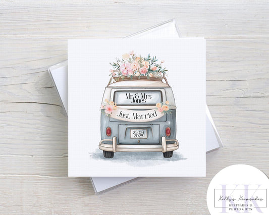 personalised just married campervan card - custom name and date - camper life - wedding card