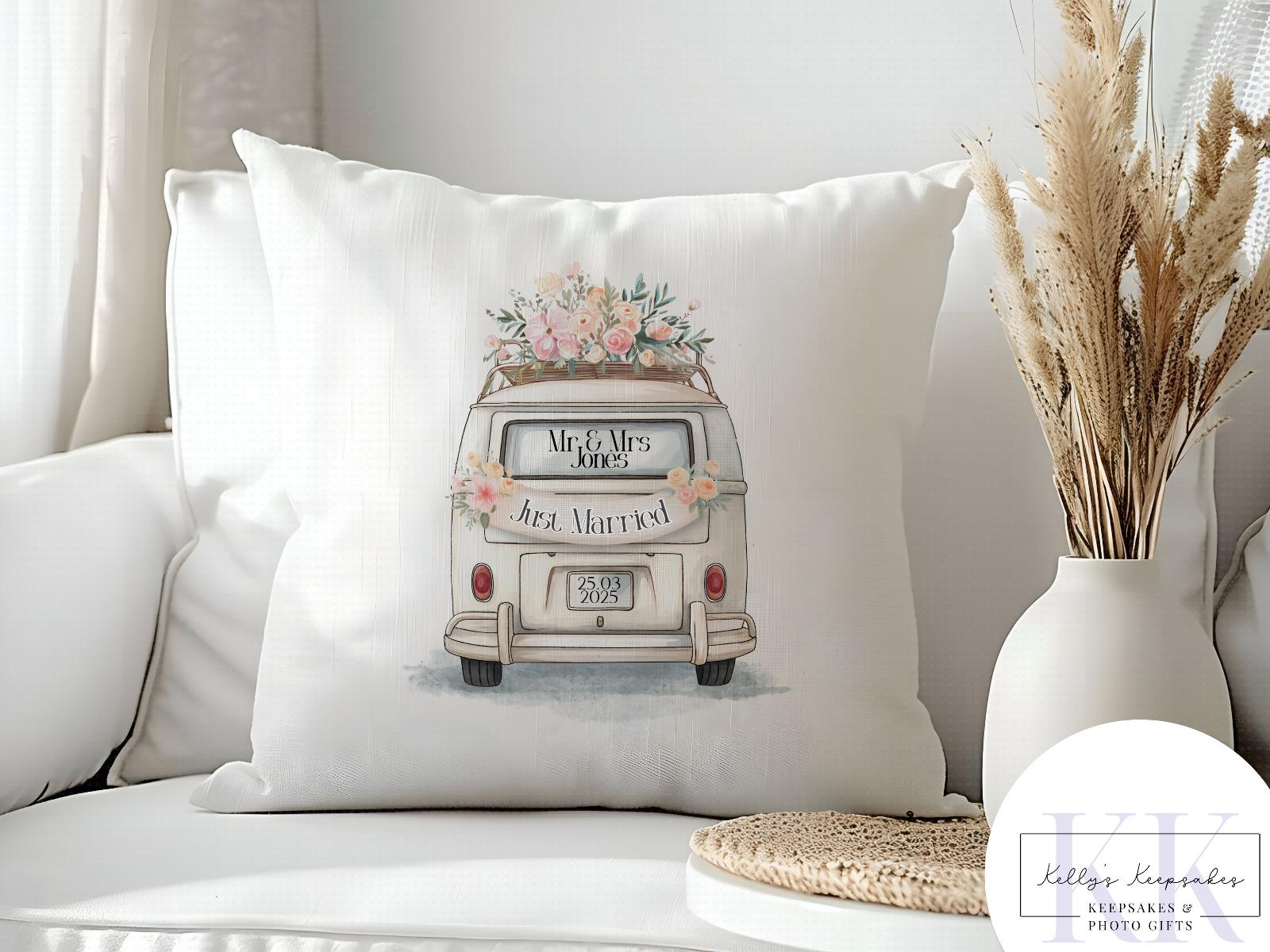 Personalised wedding camper cushion - wedding gift - custom name - personalised velvet cushion - various colours