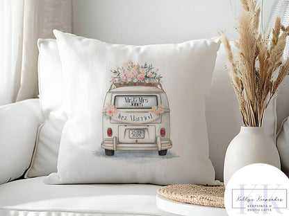 Personalised wedding camper cushion - wedding gift - custom name - personalised velvet cushion - various colours