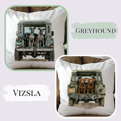 Working Dog Land Rover Velvet Cushion - Lab - Cocker - Collie - Rottweiler - Greyhound - Beagle -Shepherd - Terrier - Gun Dog - Countryside