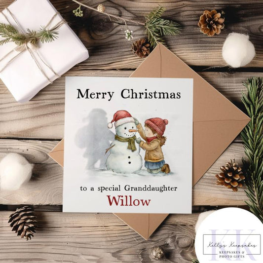 Personalised Magical Little Girl with Snowman Card - Custom Name - Granddaughter - daughter - Niece - Christmas Card - For Girl - 2 Options