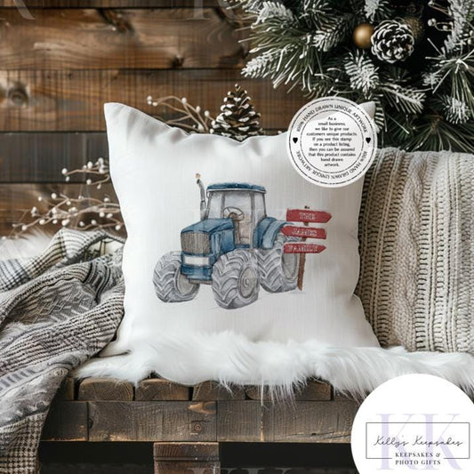 Personalised Christmas Farm Tractor Cushion – Red, Blue or Green | Velvet 40x40cm | Custom Family Name | Rustic Country Decor | Robin Detail