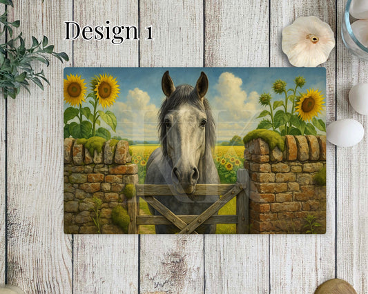 Horse with sunflowers Glass Copping Board - Worktop Saver - Horse Lover - Kitchen Decor - different sizes - Various Designs