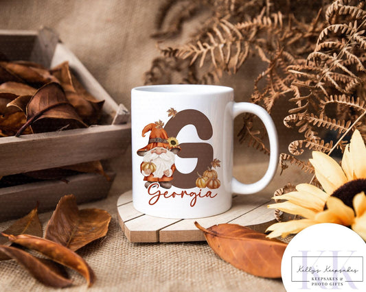 Autumn Gnome Mug - Custom Name - Autumn Coffee Cup | Enamel Camping Mug or White Ceramic - Pumpkin Mug - Autumn Gift - Hot Water Bottle