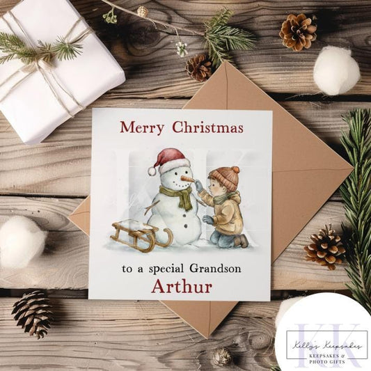 Personalised Magical Little Boy with Snowman Card - Custom Name - Grandson - Son - Nephew - Christmas Card - For Boy - 2 Options