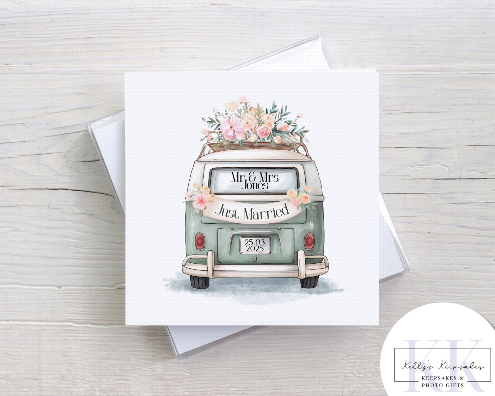 personalised just married campervan card - custom name and date - camper life - wedding card