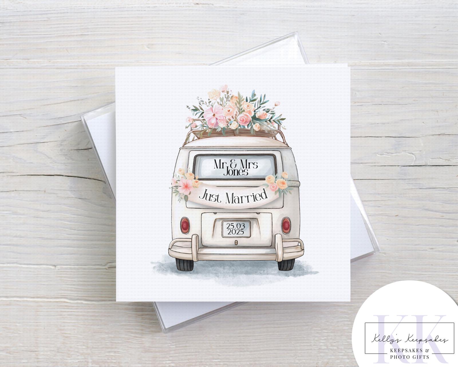 personalised just married campervan card - custom name and date - camper life - wedding card