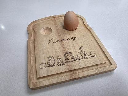 Personalised Wooden Egg Board - Custom Name with Cute Pony Design - Owl & Bunny Design - Bunny and Chick Design - Breakfast Board for Kids