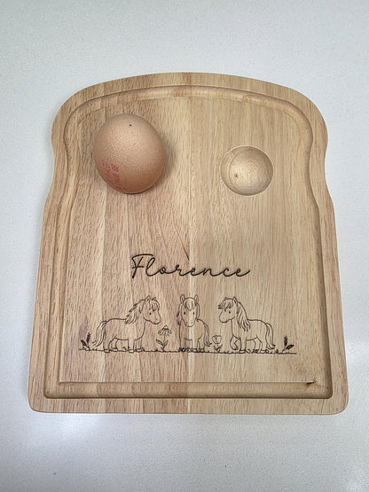 Personalised Wooden Egg Board - Custom Name with Cute Pony Design - Owl & Bunny Design - Bunny and Chick Design - Breakfast Board for Kids