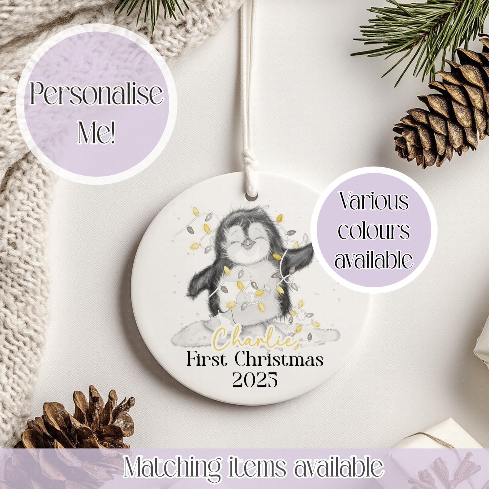 Personalised Penguin Christmas Ceramic Bauble - Christmas Decoration - First Christmas - Fully Editable- Custom Name - Various Colours