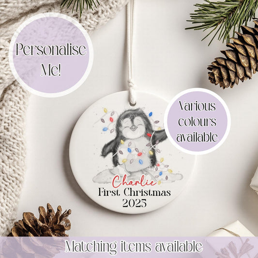 Personalised Penguin Christmas Ceramic Bauble - Christmas Decoration - First Christmas - Fully Editable- Custom Name - Various Colours