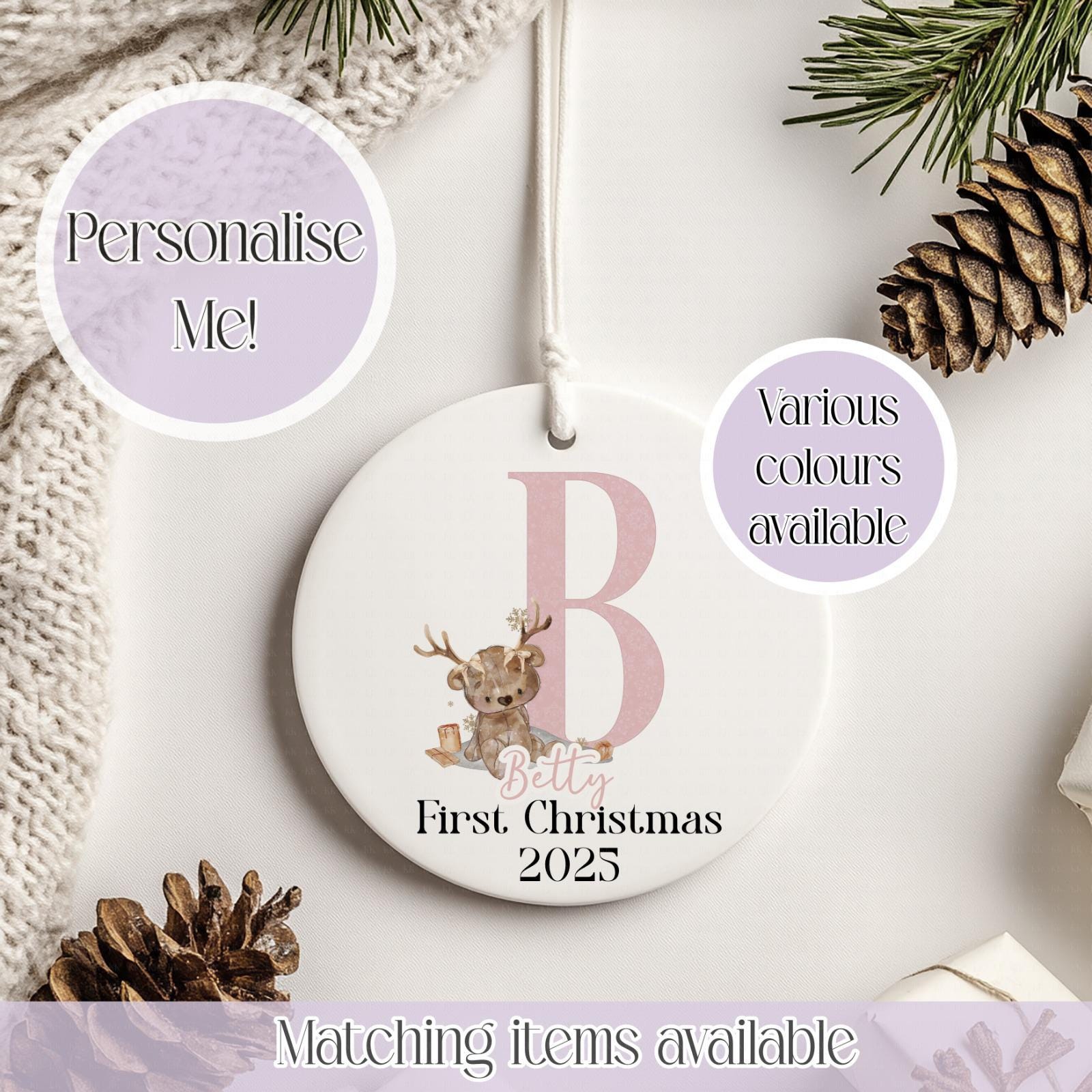 Personalised Reindeer Teddy Ceramic Bauble - Christmas Decoration - First Christmas - Fully Editable- Custom Name - Various Colours