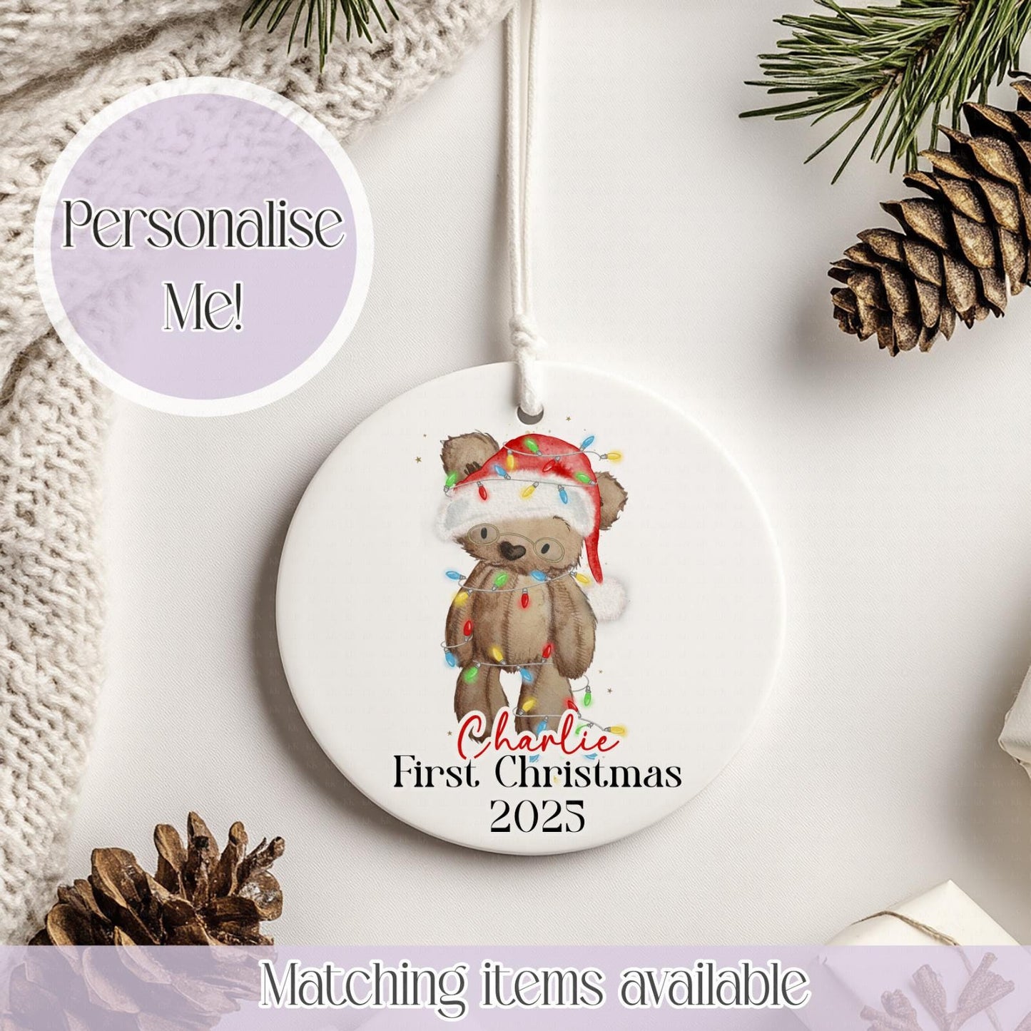Personalised Santa Hat Teddy Ceramic Bauble - Christmas Decoration - First Christmas - Fully Editable- Custom Name - Various Colours