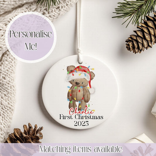 Personalised Santa Hat Teddy Ceramic Bauble - Christmas Decoration - First Christmas - Fully Editable- Custom Name - Various Colours