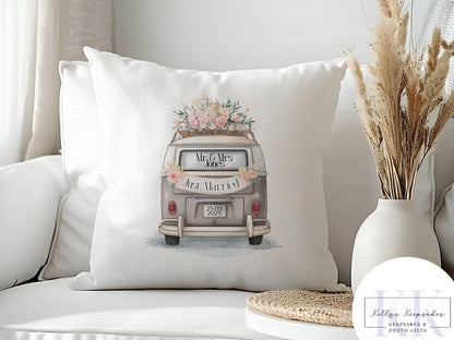 Personalised wedding camper cushion - wedding gift - custom name - personalised velvet cushion - various colours