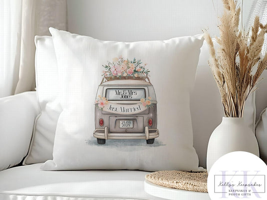 Personalised wedding camper cushion - wedding gift - custom name - personalised velvet cushion - various colours
