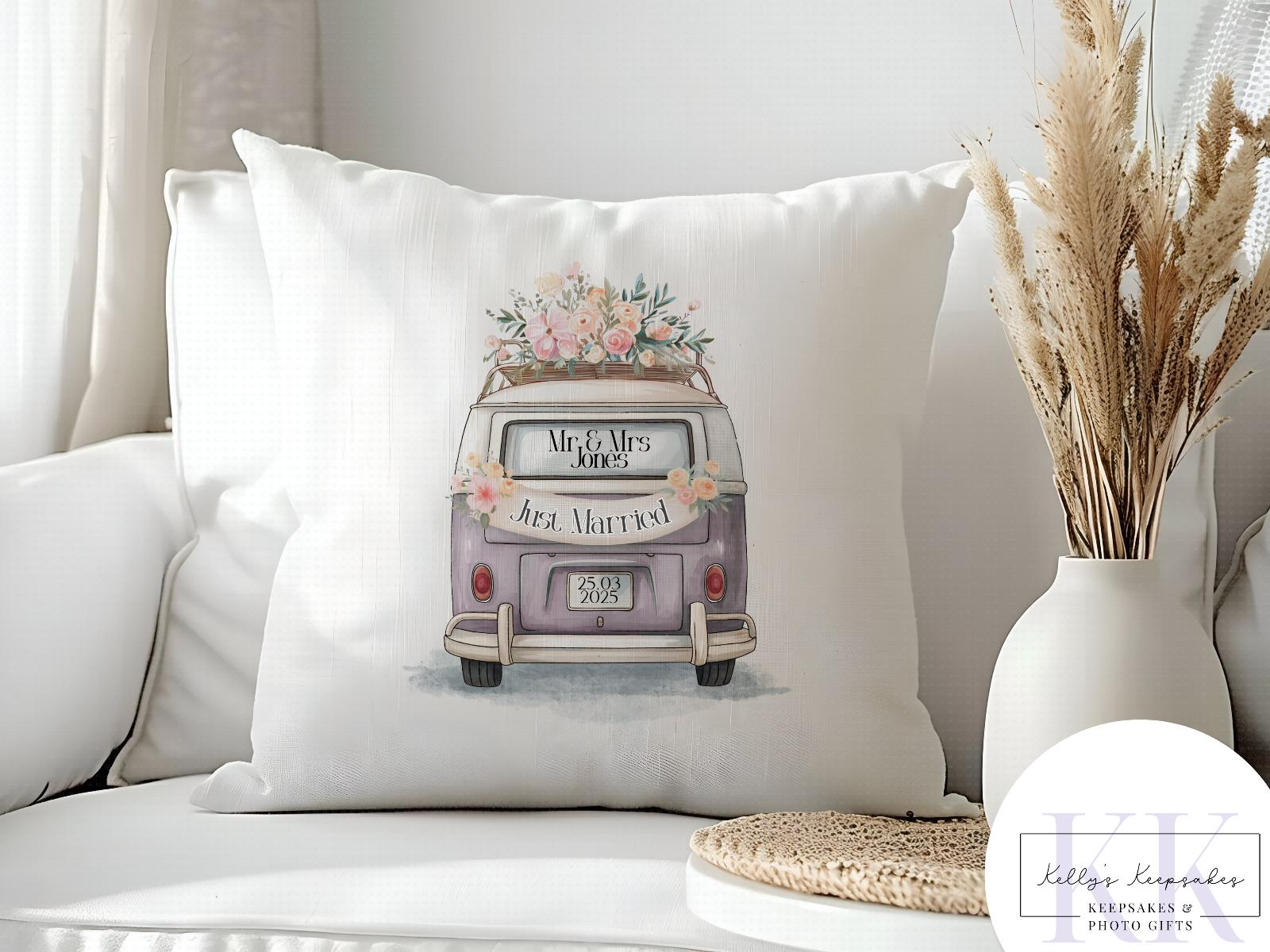 Personalised wedding camper cushion - wedding gift - custom name - personalised velvet cushion - various colours