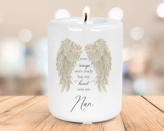 Personalised Memorial Angel Wings Ceramic Candle Holder - your wings were ready but my heart was not - Memorial Candle