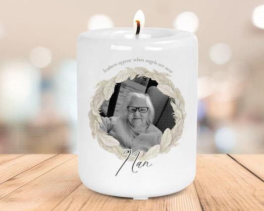 Personalised Memorial Photo Feathers Appear Ceramic Candle Holder - Feathers appear when angels are near- Memorial Candle