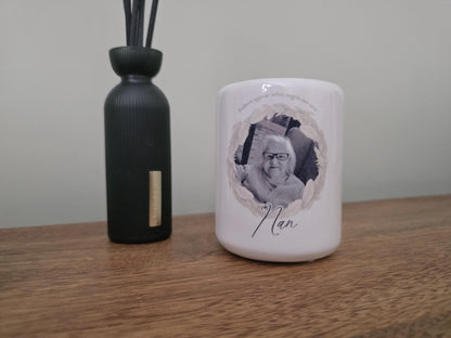 Personalised Memorial Photo Feathers Appear Ceramic Candle Holder - Feathers appear when angels are near- Memorial Candle