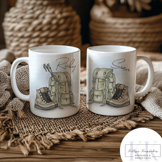 Personalised Hiking Mug - Custom 11oz White or Enamel Mug - Backpack & Boots Design - Adventure Gift for Him - Outdoorsy Coffee Cup