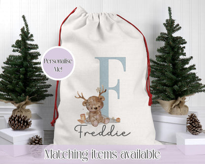 Personalised Christmas Sack – Teddy Bear Reindeer Initial Design | 70 x 50cm | Custom Name Gift Bag - Santa Sack - Various Colours