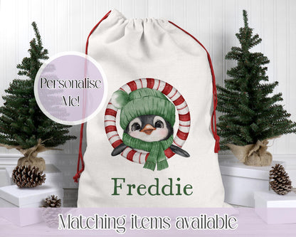 Personalised Penguin Santa Sack – 50x70cm | Custom Penguin Christmas Bag | Choose Colour & Font | Christmas Gift Bag for Kids