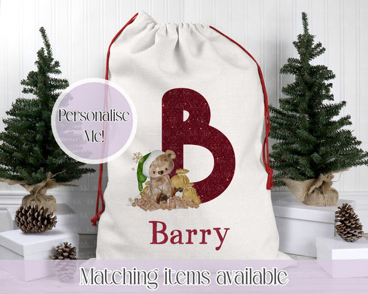 Personalised Christmas Sack – Teddy Bear Elf and Festive Santa Hat Designs | 70 x 50cm | Custom Name Gift Bag - Santa Sack