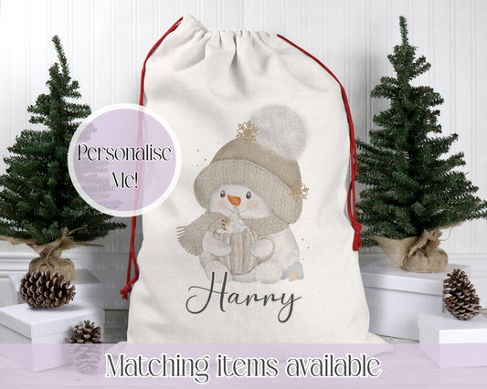 Personalised Snowman Christmas Sack – Winter Snowman Snowflake Design | 70 x 50cm | Custom Name Gift Bag - Santa Sack