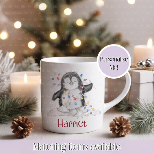 Personalised Penguin Christmas Mug - Enamel – Custom Name Christmas Mug | Hot Cocoa Mug | Gift for Kids, Friends, Couples | Penguin Lover