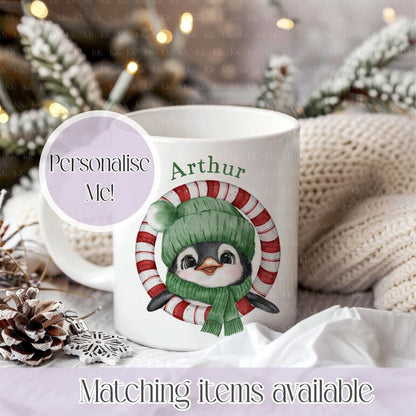 Personalised Christmas Penguin Mug – Enamel or Ceramic | Custom Name | 4 Colours | Optional Matching Handle | Holiday Gift for Kids & Adults