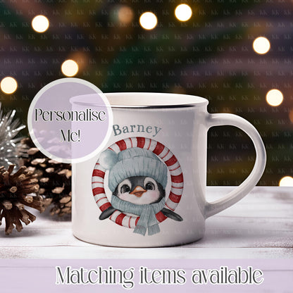 Personalised Christmas Penguin Mug – Enamel or Ceramic | Custom Name | 4 Colours | Optional Matching Handle | Holiday Gift for Kids & Adults