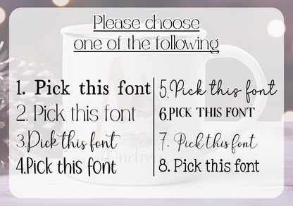 Personalised Christmas Penguin Mug – Enamel or Ceramic | Custom Name | 4 Colours | Optional Matching Handle | Holiday Gift for Kids & Adults