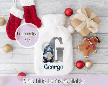 Personalised Hot Water Bottle - Faux Fur Hot Water Bottle Cover - Christmas Navy Gonk Design - Christmas Gift - Gift for him - Gift for her