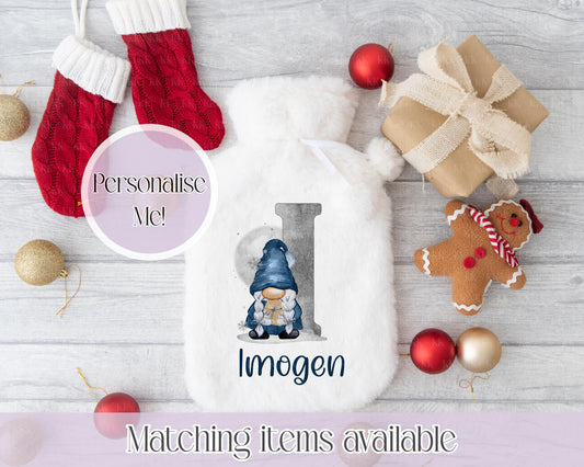 Personalised Hot Water Bottle - Faux Fur Hot Water Bottle Cover - Christmas Navy Gonk Design - Christmas Gift - Gift for him - Gift for her