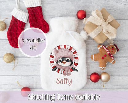 Personalised Penguin Teddy Fluffy Hot Water Bottle with Faux Fur Cover – 2L Hot Water Bottle in Gift Box, Winter Warmer, Christmas Gift
