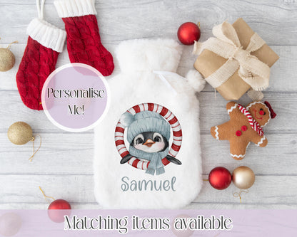 Personalised Penguin Teddy Fluffy Hot Water Bottle with Faux Fur Cover – 2L Hot Water Bottle in Gift Box, Winter Warmer, Christmas Gift