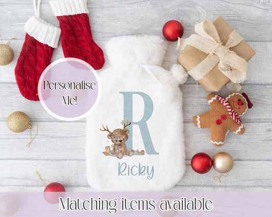 Personalised Reindeer Teddy Fluffy Hot Water Bottle with Faux Fur Cover – 2L Hot Water Bottle in Gift Box, Winter Warmer, Christmas Gift