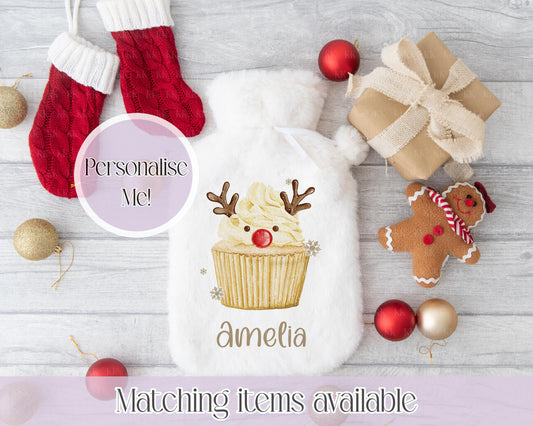Personalised Christmas Cupcakes Fluffy Hot Water Bottle with Faux Fur Cover – 2L Hot Water Bottle in Gift Box, Winter Warmer, Christmas Gift