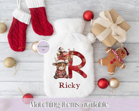 Personalised Cute Highland Cow or Teddy Initial Fluffy Hot Water Bottle with Faux Fur Cover - 2L Hot Water Bottle in Gift Box, Winter Warmer