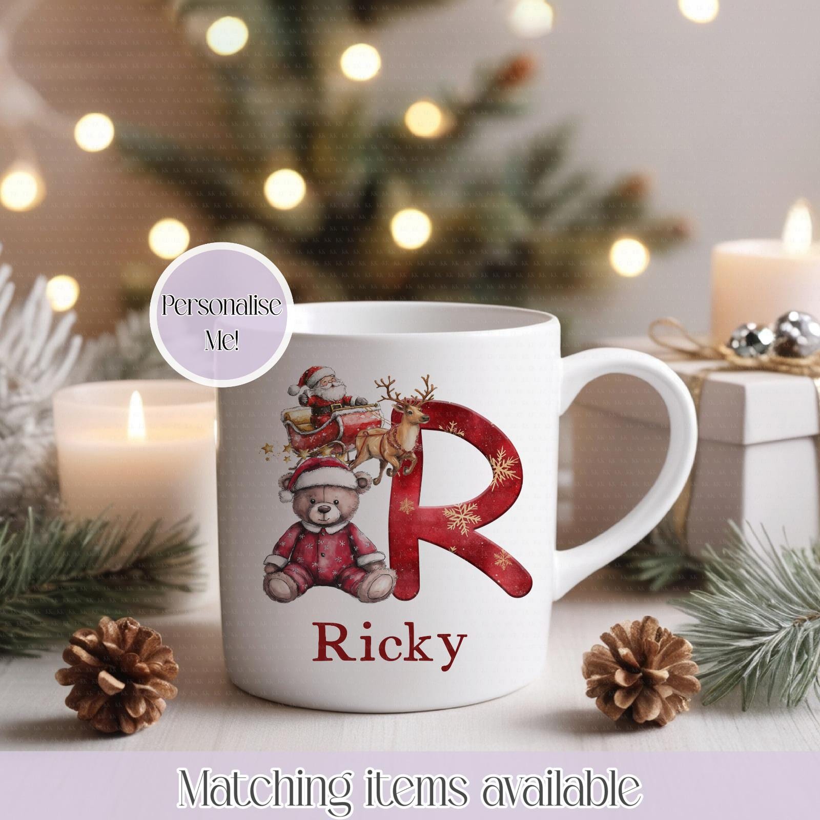 Personalised Christmas Highland Cow & Teddy Bear Mug – Enamel or Ceramic | Custom Name | Christmas Hot Chocolate Mug
