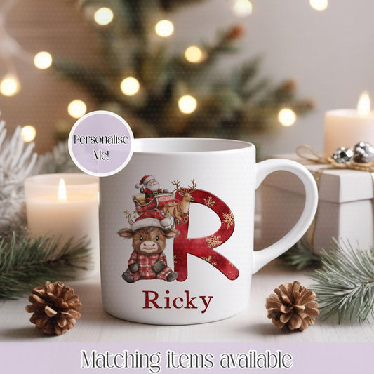 Personalised Christmas Highland Cow & Teddy Bear Mug – Enamel or Ceramic | Custom Name | Christmas Hot Chocolate Mug