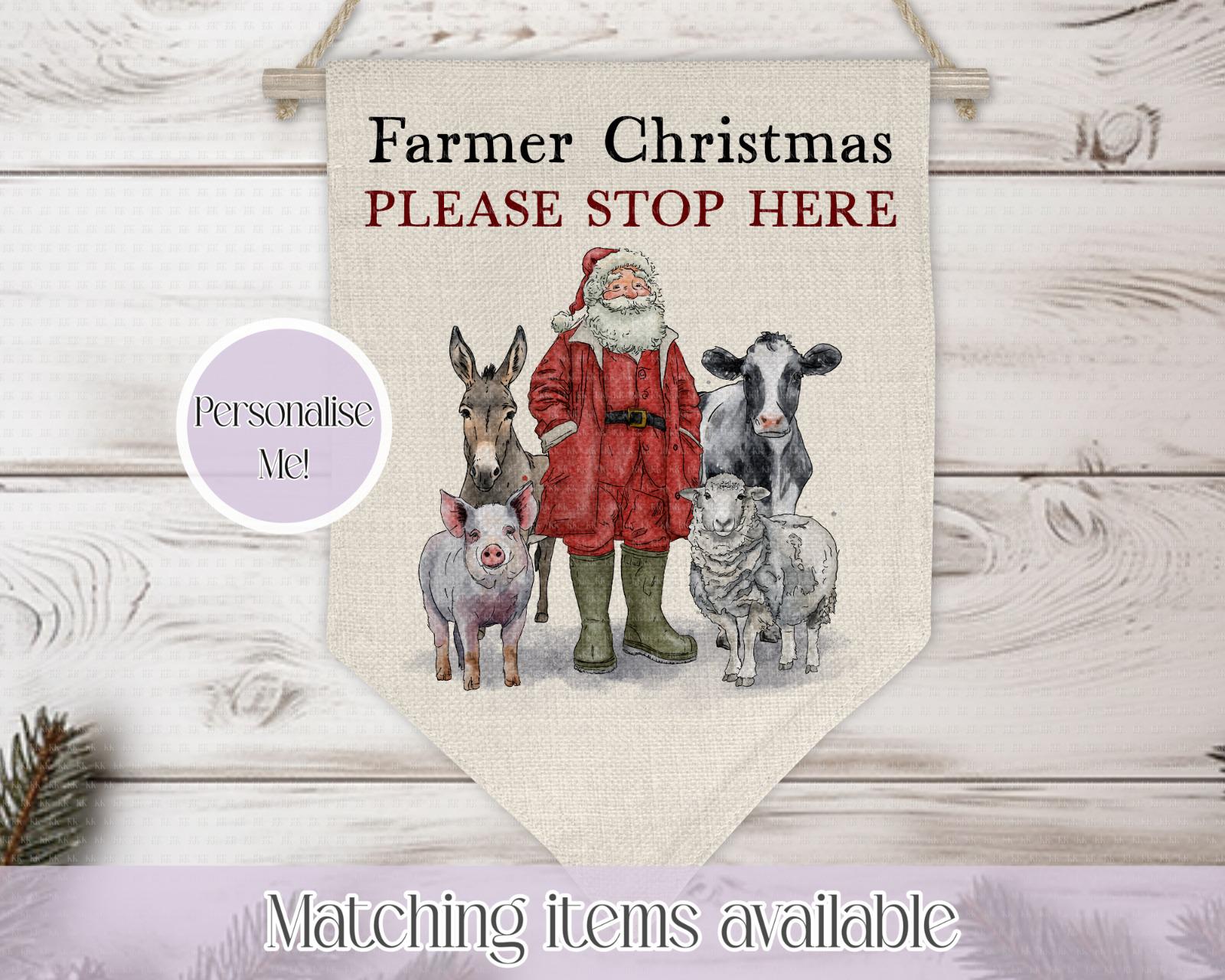 Personalised Farmer Christmas Please Stop Here Linen Pennant – Custom Christmas Banner for Kids, Christmas Decor - Christmas on the farm