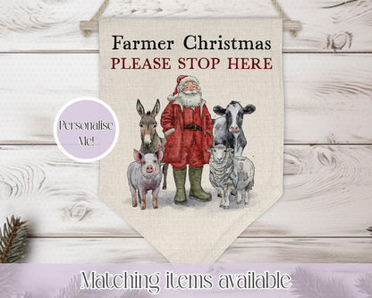 Personalised Farmer Christmas Please Stop Here Linen Pennant – Custom Christmas Banner for Kids, Christmas Decor - Christmas on the farm