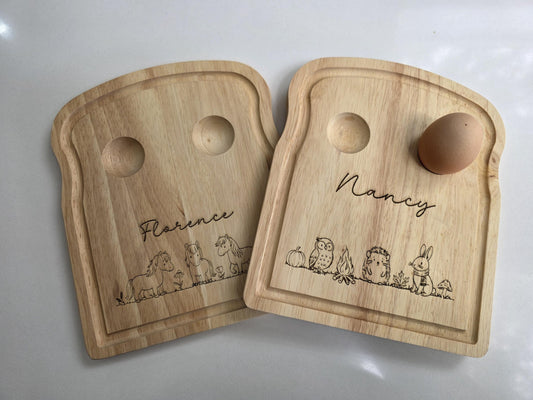 Personalised Wooden Egg Board - Custom Name with Cute Pony Design - Owl & Bunny Design - Bunny and Chick Design - Breakfast Board for Kids
