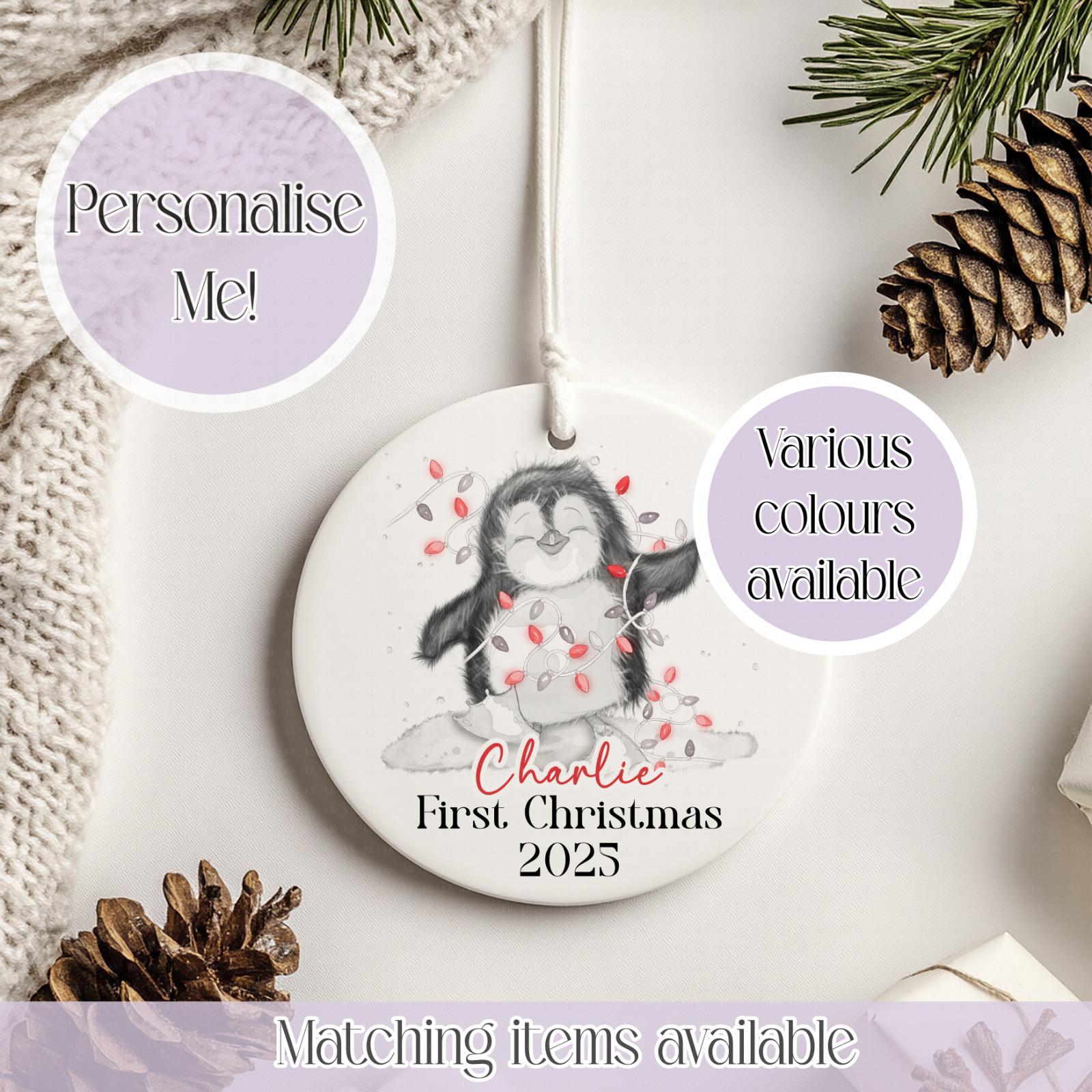 Personalised Penguin Christmas Ceramic Bauble - Christmas Decoration - First Christmas - Fully Editable- Custom Name - Various Colours
