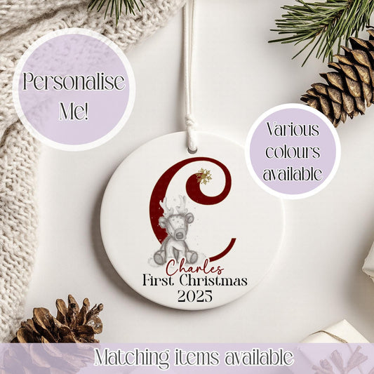 Personalised Reindeer Christmas Ceramic Bauble - Christmas Decoration - First Christmas - Fully Editable- Custom Name - Various Colours
