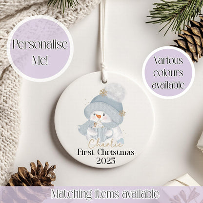 Personalised Cute Snowman Christmas Ceramic Bauble - Christmas Decoration - First Christmas - Fully Editable- Custom Name - Various Colours