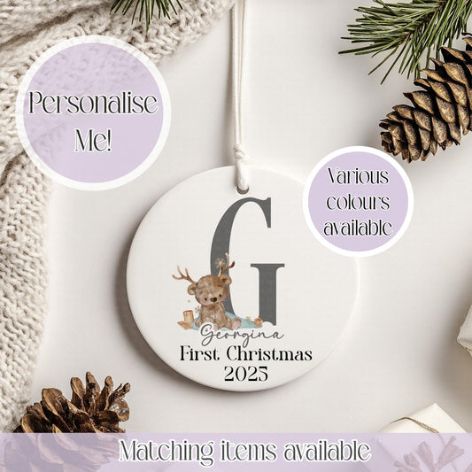 Personalised Reindeer Teddy Ceramic Bauble - Christmas Decoration - First Christmas - Fully Editable- Custom Name - Various Colours
