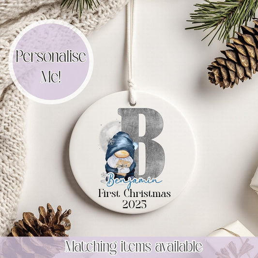 Personalised Christmas Gonk Ceramic Bauble - Christmas Decoration - First Christmas - Fully Editable- Custom Name - Various Colours
